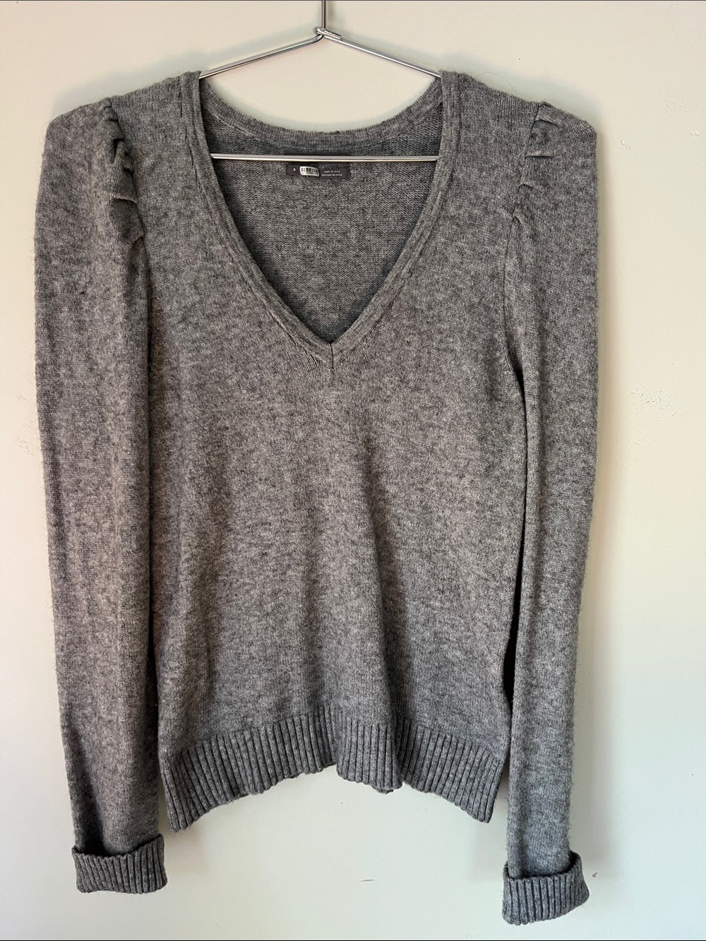 Anthropologie Gray V-Neck Puff-Shoulder Sweater